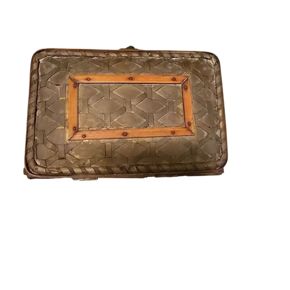 Vintage Woven Wood and Rattan Medium Size Storage Box with Metal Hook Closure.